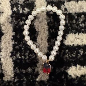 BaubleBar White Pearl Bead Bracelet with Red Glass Pendant
